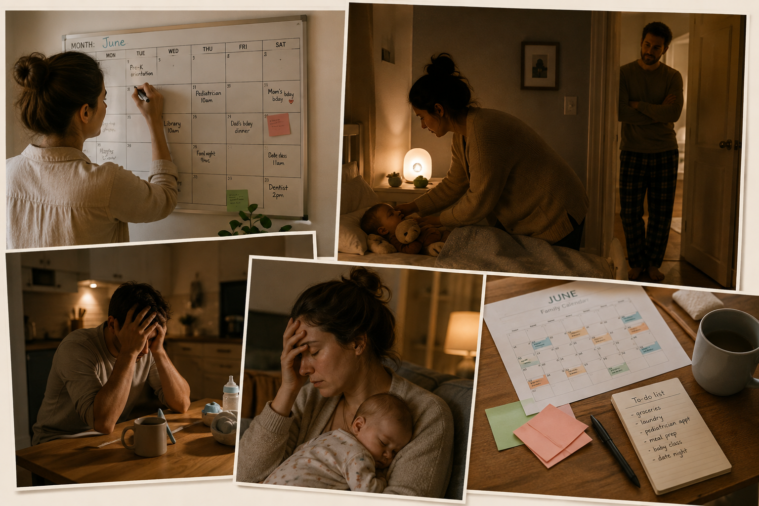 A collage of real household moments: a shared calendar, a late-night check-in, and the lists that keep a family running