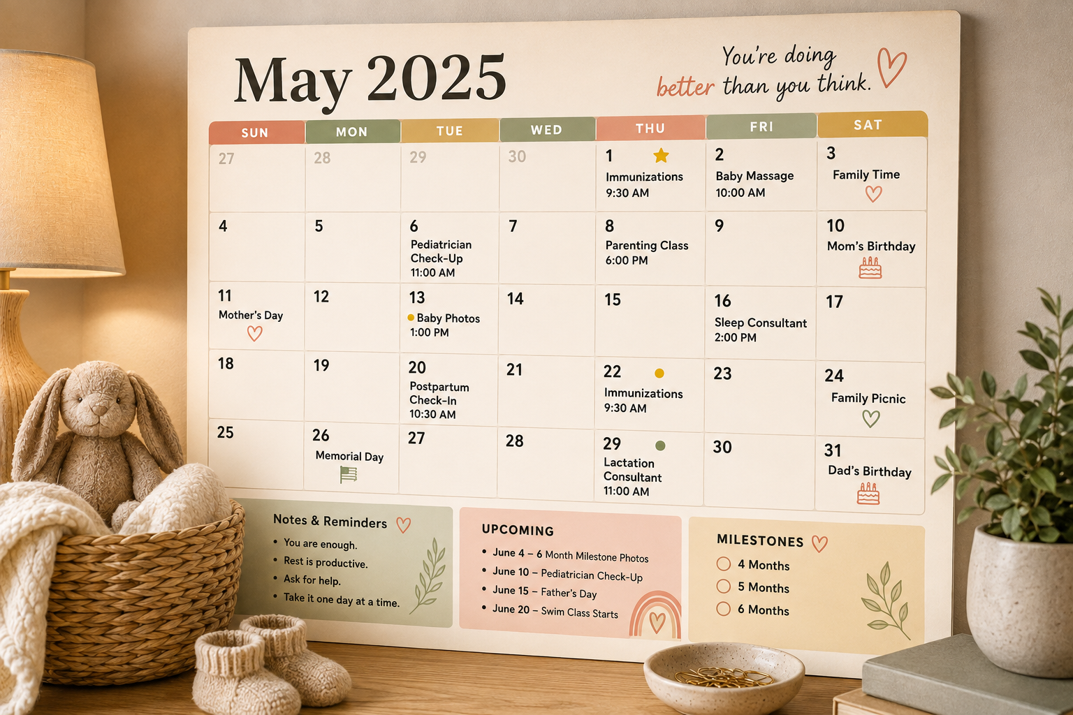 A May 2025 calendar on a warm paper background showing baby appointments, reminders and milestones on a nursery shelf