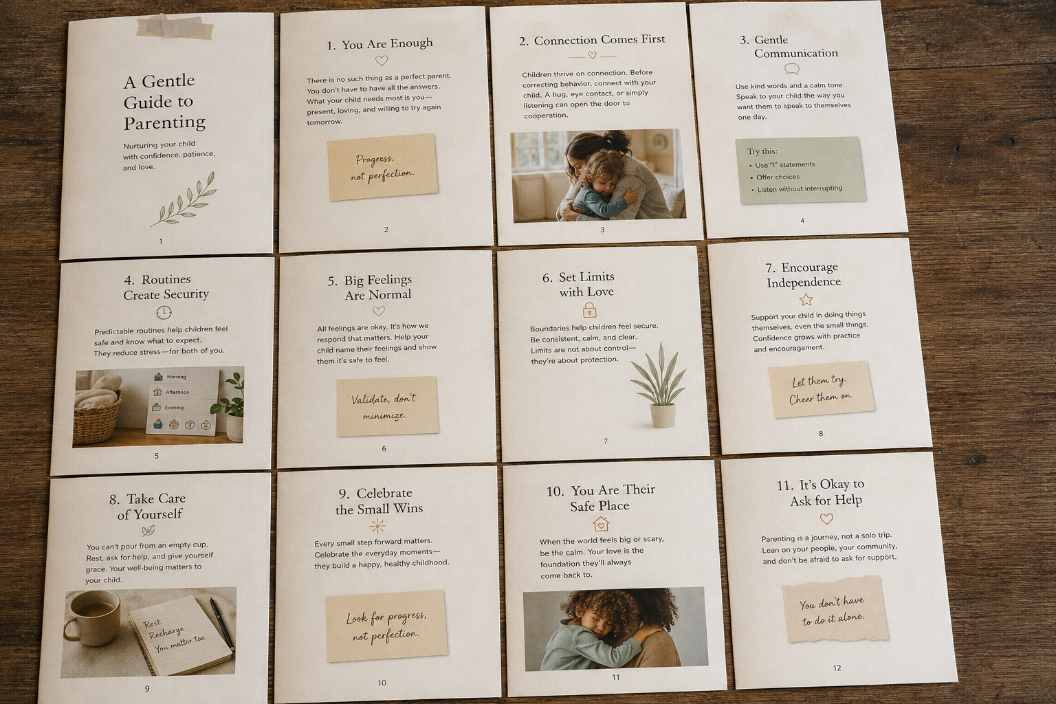 Twelve pages of 'A Gentle Guide to Parenting' spread on a wooden table