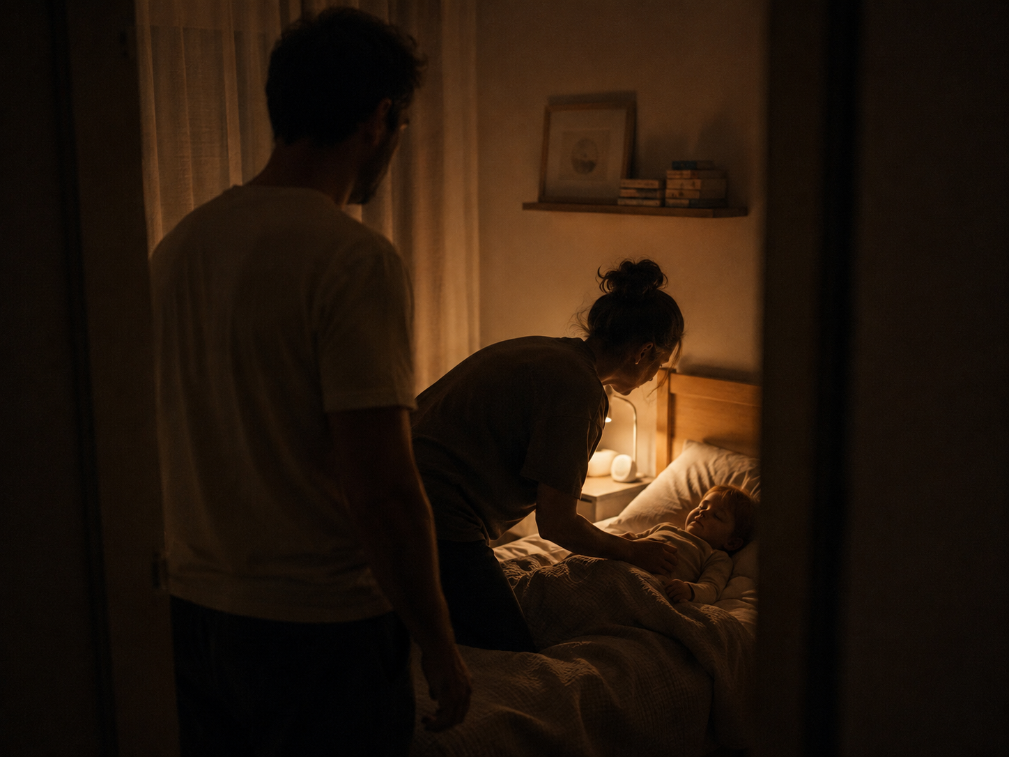 A parent leaning over a baby in bed at night while another parent stands in the doorway, warm lamplight on the bedside table
