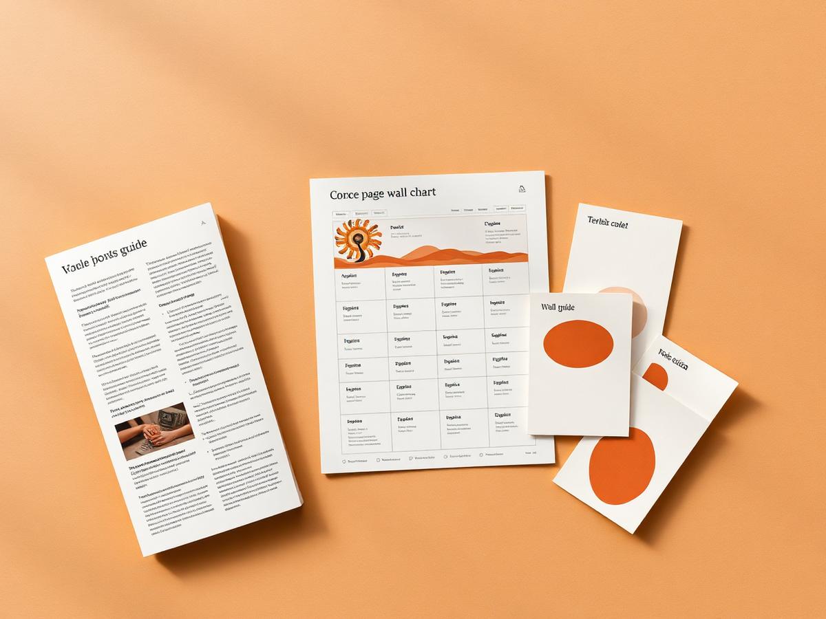 The guided script booklet, wall chart and cards laid out on a warm surface